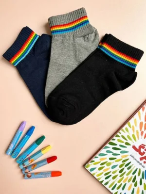 جوراب مچی دخترانه طرح رنگین کمون مشکی، طوسی و سرمه ای